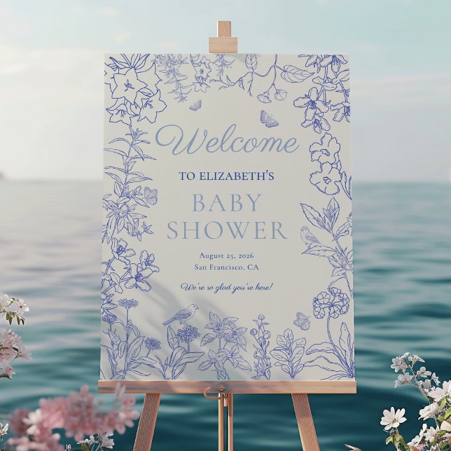 Blue Garden Chinoiserie Baby Shower Welcome Sign (Whimsical Cobalt Blue Whimsical Garden Chinoiserie Baby Shower Welcome Sign)
