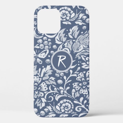 Blue Garden Floral Bird Snail Monogram Denim  iPhone 12 Case