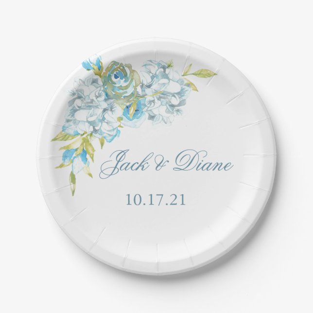 Blue Garden Flowers Wedding Paper Plates (Front)