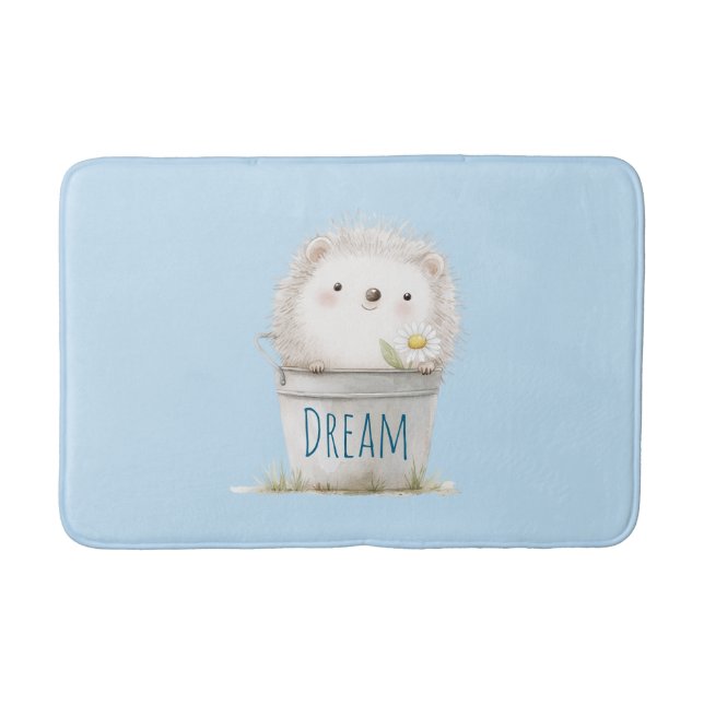 Blue Garden Hedgehog with Daisy Flower  Bath Mat (Front)