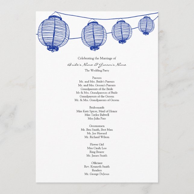 Blue Garden Lanterns Wedding Program (Front)