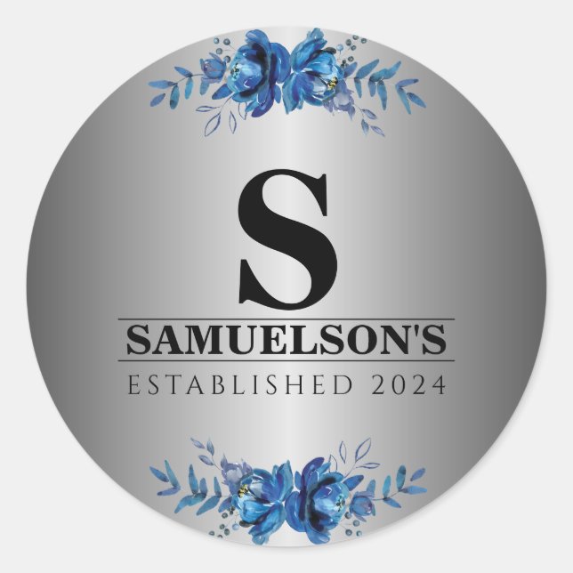 Blue Garden Soirée Metallic Silver Classic Round Sticker (Front)