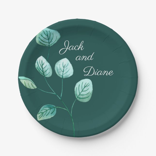 Blue Garden Watercolor Stems Wedding Paper Paper Plates (Front)