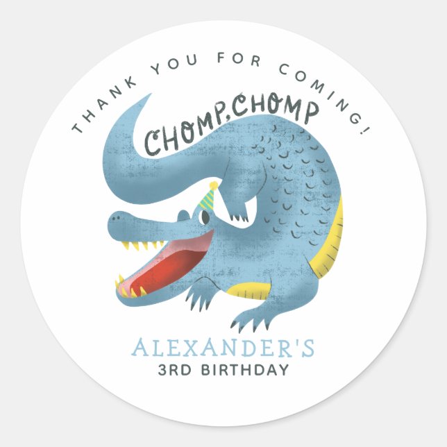 Blue Gator Theme Birthday Party Thank You Favor Classic Round Sticker (Front)