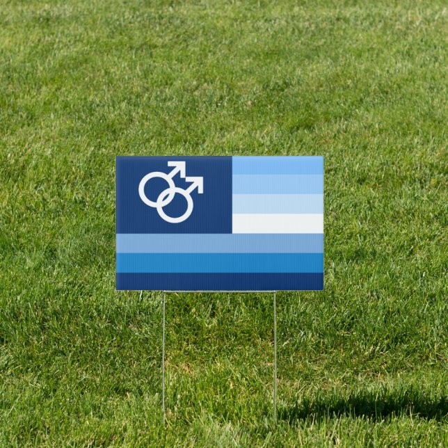 Blue Gay Love (MLM) Pride House Flag Sign (Insitu)