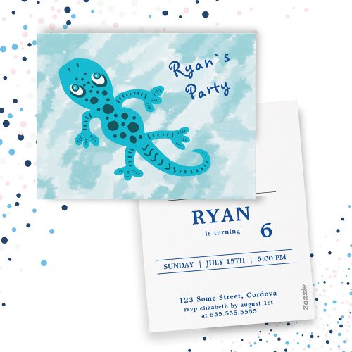 Blue Gecko Birthday Party Invitation Postcard