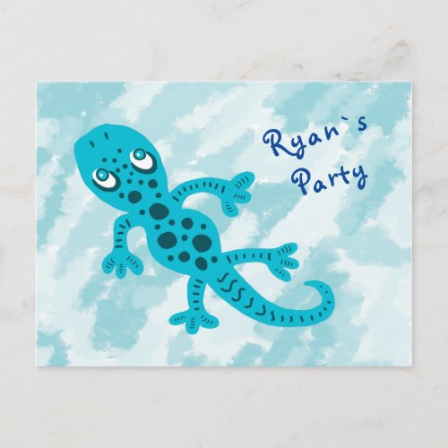 Blue Gecko Birthday Party Invite - An invitation postcard to a kids birthday party. A costumizable and personalizable birthday invite card. All data are written on the back side of the card. A digital drawing of a blue gecko lizard. It`s perfect for kids who love animals