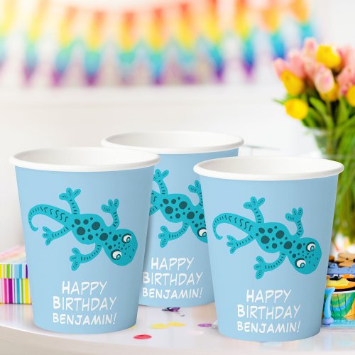 Blue Gecko Lizard Drawing Kids Birthday Paper Cups