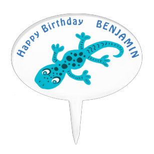 Blue Gecko Lizard Happy Birthday Name Cake Topper