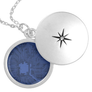 Blue Geek Motherboard Pattern Locket Necklace