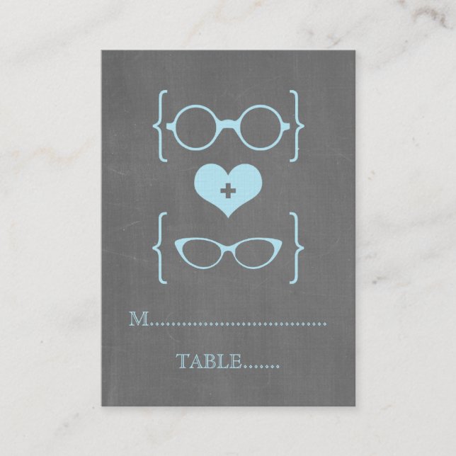 Blue Geeky Glasses Chalkboard Place Cards (Front)