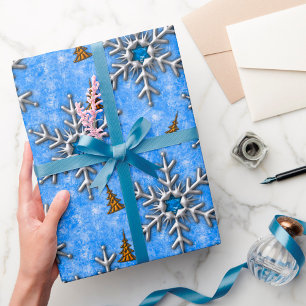 Blue Gem Snowflakes Gold Christmas Trees Christmas Wrapping Paper
