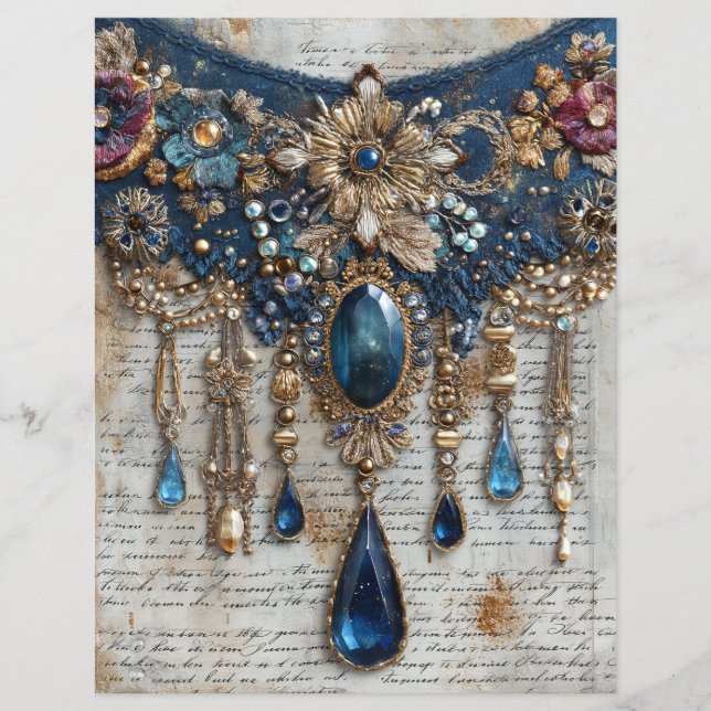 Blue Gems Embroidery Junk Journal Scrapbook Paper (Front)