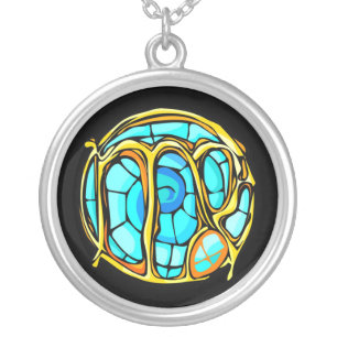 Blue Gemstone Colored Virgo Symbol Silver Plated Necklace