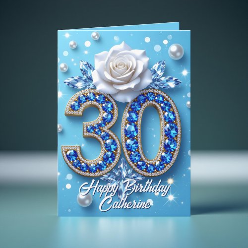 Blue Gemstones and Pearls White Rose 30th Birthday