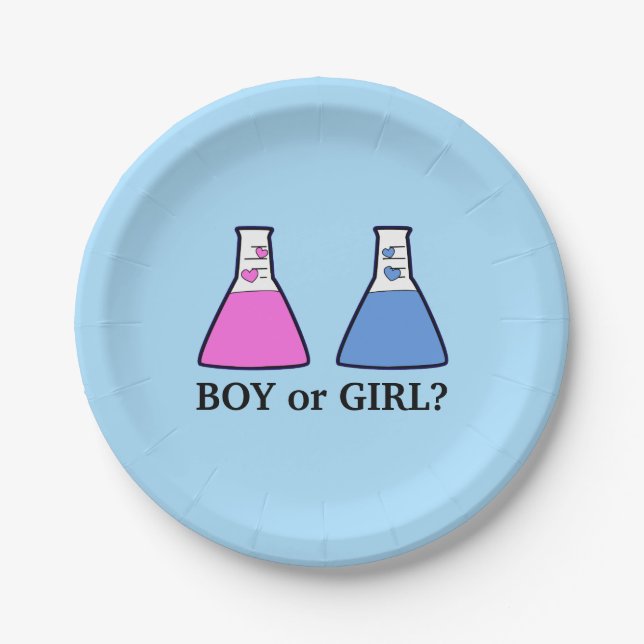 Blue Gender Reveal Science Beaker with Hearts Baby Paper Plates (Front)
