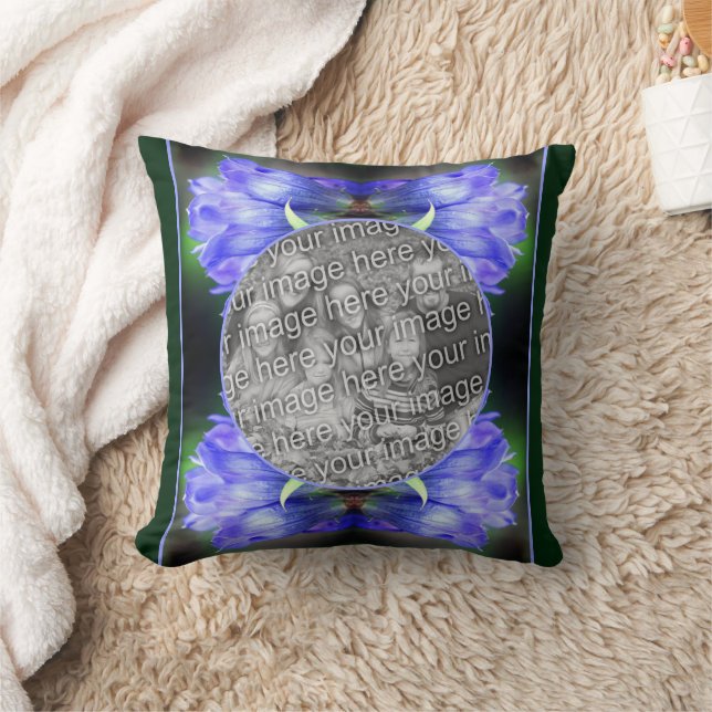 Blue Gentian Flower Frame Add Your Own Photo Throw Pillow (Blanket)