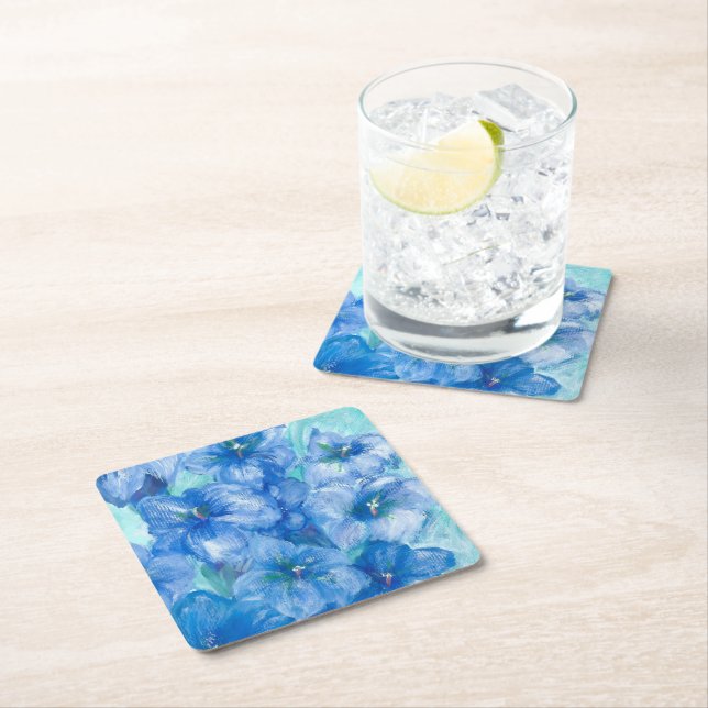 Blue Gentian Wildflower Painting  Square Paper Coaster (Insitu)
