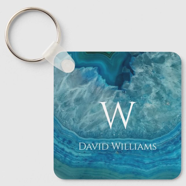 Blue Geode Agate Monogram Modern  Name & Initial Keychain (Front)