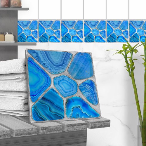 Blue Geode Agate Mosaic Flower art Ceramic Tile