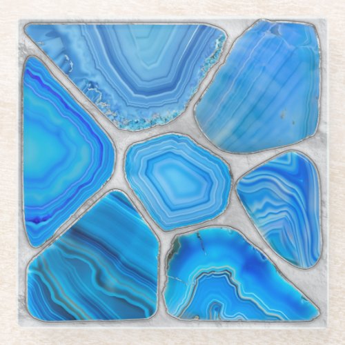 Blue Geode Agate Mosaic Flower art Glass Coaster