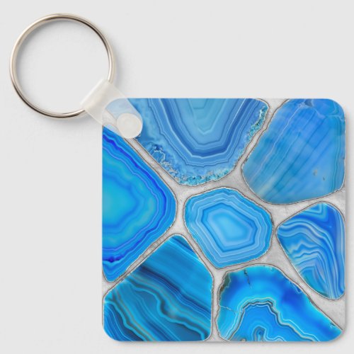 Blue Geode Agate Mosaic Flower art Keychain