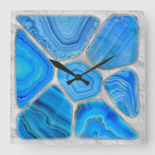 Blue Geode Agate Mosaic Flower art Square Wall Clock