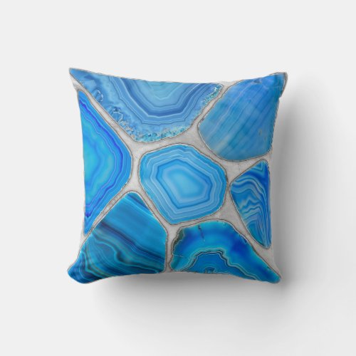 Blue Geode Agate Mosaic Flower art Throw Pillow
