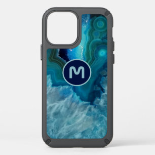 Blue Geode Agate Stone Monogram Speck iPhone 12 Case