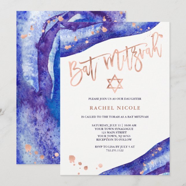 Blue Geode and Faux Rose Gold Look Bat Mitzvah Invitation (Front/Back)