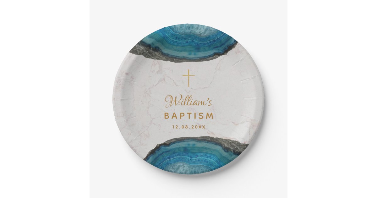 Blue Geode Boy Baptism Marble Gold Cross Paper Plates Zazzle