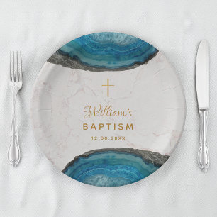 Blue Geode Boy Baptism Marble Gold Cross Paper Plates