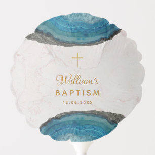 Blue Geode Boy Baptism Marble Photo Gold Cross Balloon