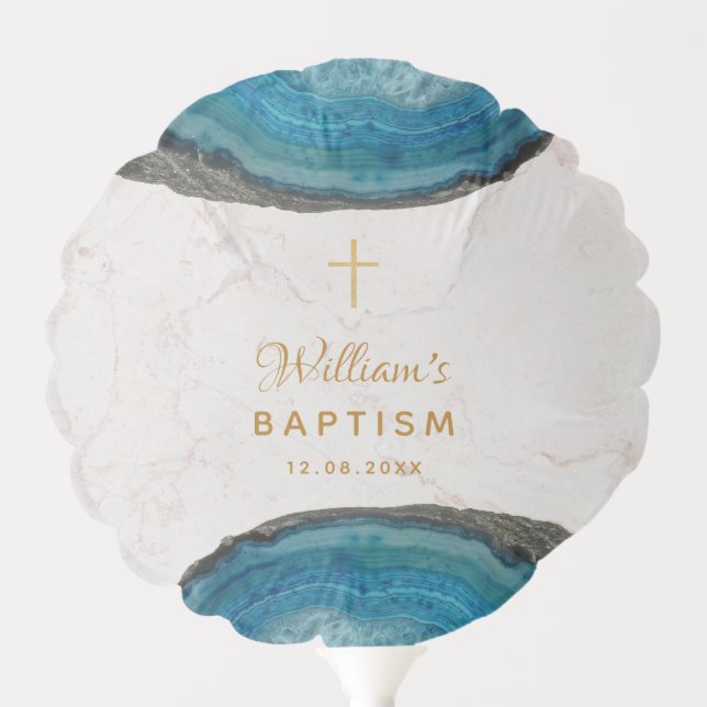 Blue Geode Boy Baptism Marble Photo Gold Cross Balloon (Front)
