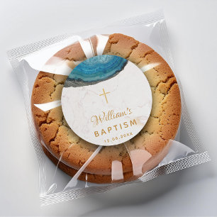 Blue Geode Boy Baptism White Marble Gold Cross Classic Round Sticker