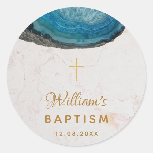 Blue Geode Boy Baptism White Marble Gold Cross Classic Round Sticker