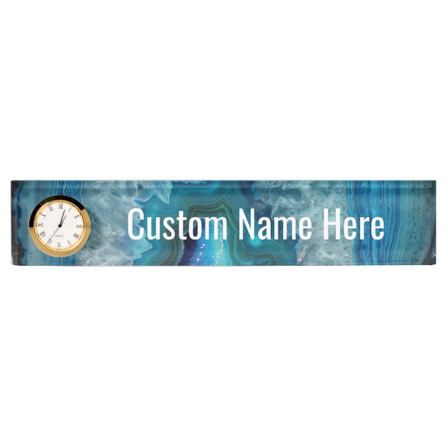 Blue Geode Rock Mineral Agate Crystal Image Desk Name Plate (Front)