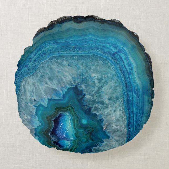Blue Geode Rock Mineral Agate Crystal Image Round Pillow (Front)