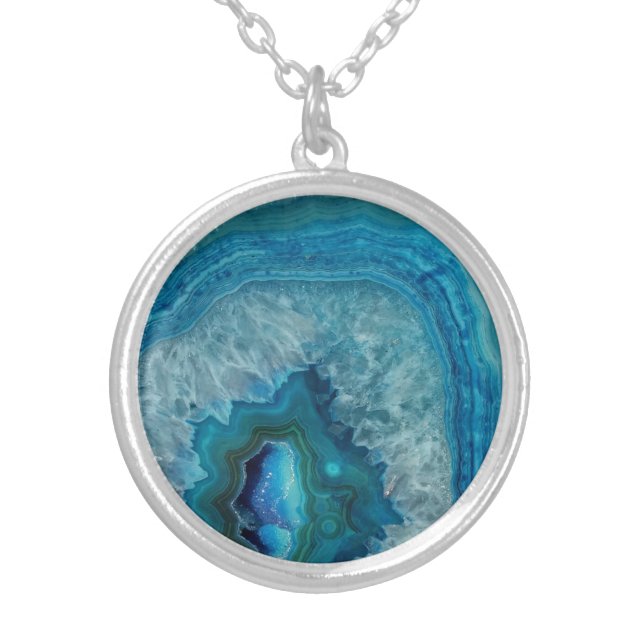 Blue Geode Rock Mineral Agate Crystal Image Silver Plated Necklace (Front)