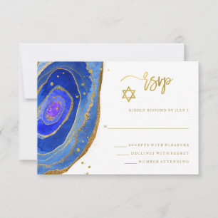 Blue Geode with Gold Bat Mitzvah or Bar Mitzvah RSVP Card