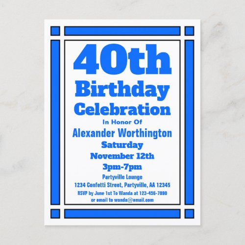 Blue Geometric 40th Birthday Invitation Postcard