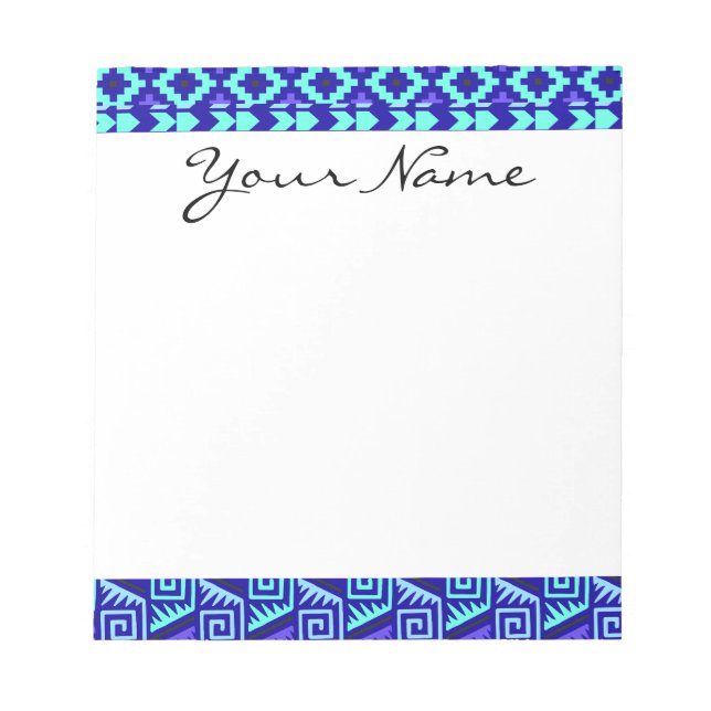 Blue Geometric Abstract Aztec Tribal Print Pattern Notepad (Front)