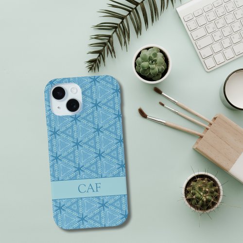 Blue Geometric Abstract Pattern with Monogram  iPhone 15 Case