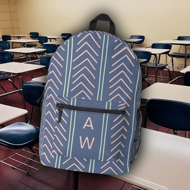 Blue Geometric Arrows Monogram Initials Printed Backpack (Creator Uploaded)