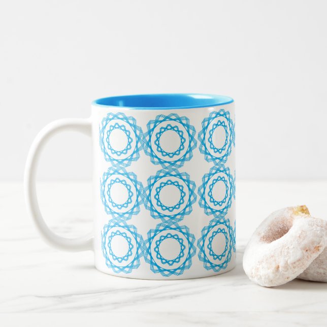 Blue Geometric Circles Art Pattern Two-Tone Coffee Mug (With Donut)