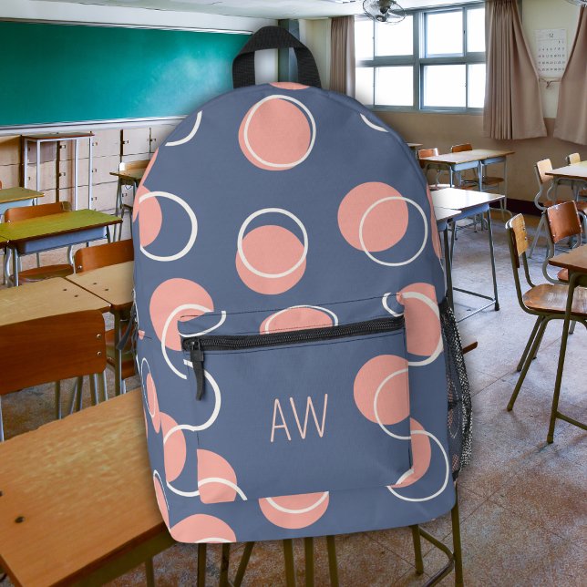 Blue Geometric Circles Monogram Initials Printed Backpack (Creator Uploaded)