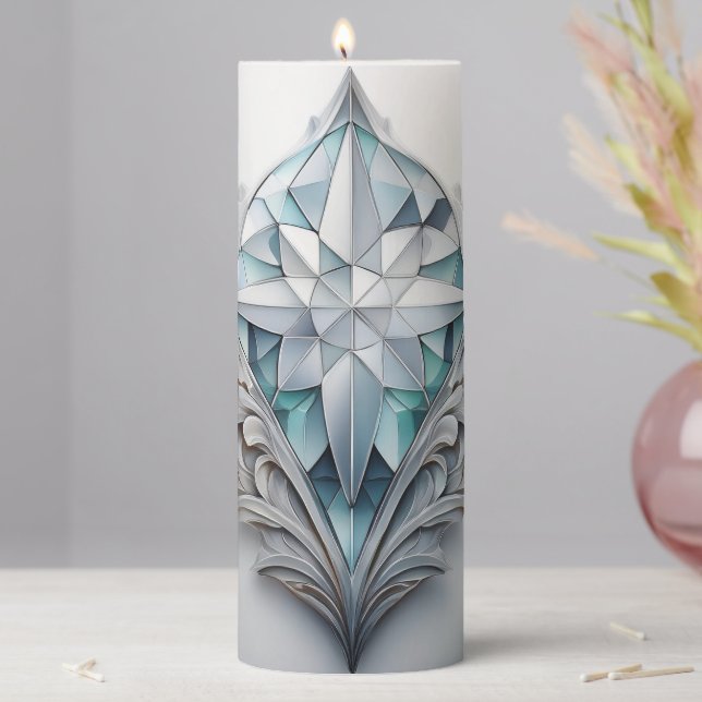Blue geometric decorative cross pillar candle (In Situ)