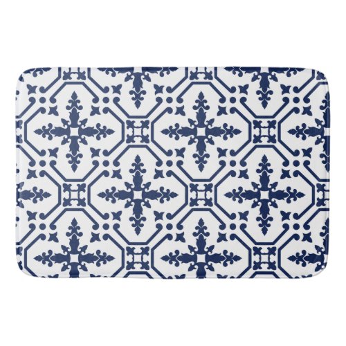 Blue geometric decorative ornamental Moroccan tile Bath Mat