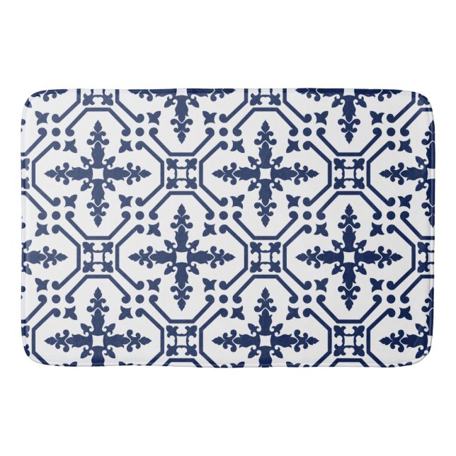 Blue geometric decorative ornamental Moroccan tile Bath Mat (Front)