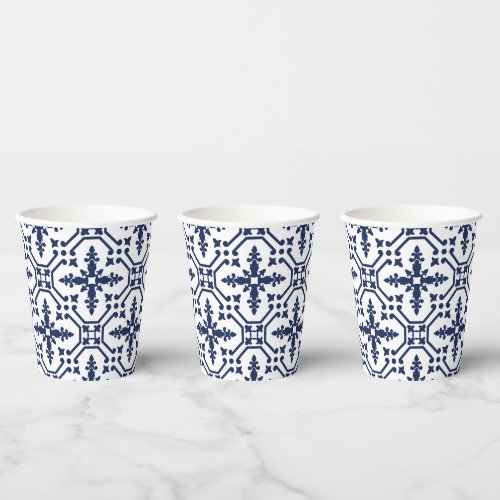Blue geometric decorative ornamental Moroccan tile Paper Cups